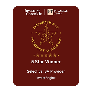 Investor's Chronicle. Financial TimeRanges. Celebration of investment awards 2025. 5 star winner. Selective Isa Provider. Investengine.